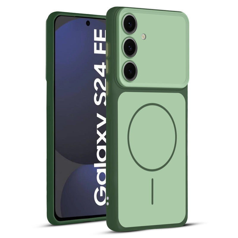 Full protective dual tone Green silicone case for Samsung S24 FE 5G showing front and back design coverage