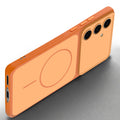Slim silicone Orange phone case for Samsung S24 FE 5G side angle view showing grip texture and precise cutouts