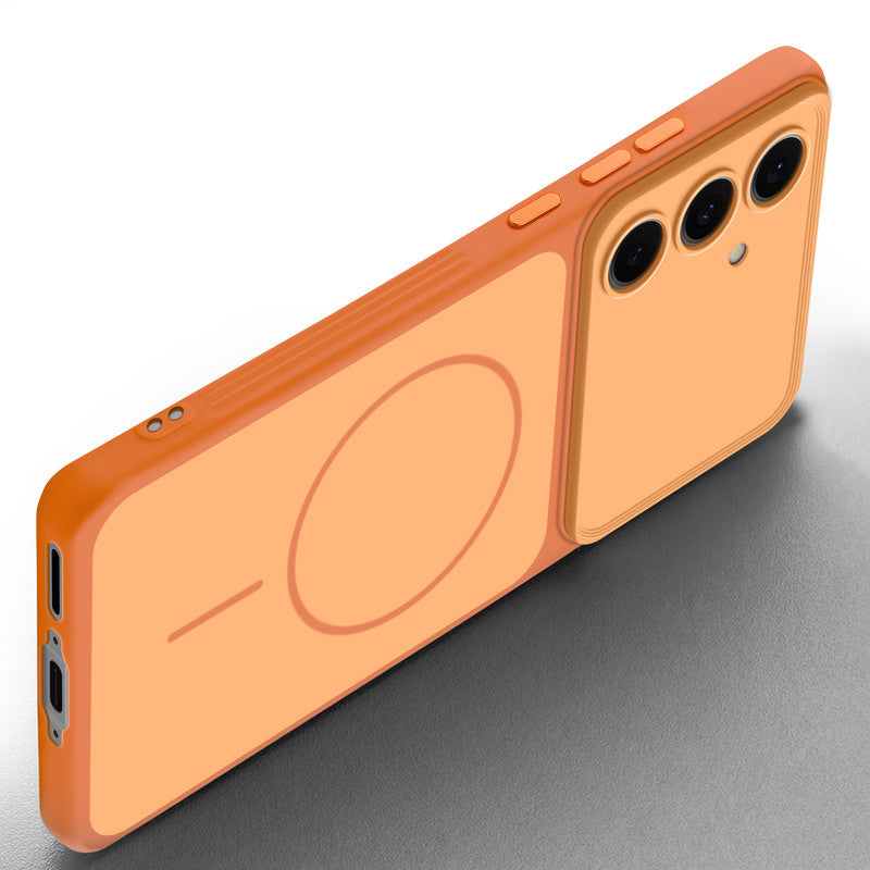 Slim silicone Orange phone case for Samsung S24 FE 5G side angle view showing grip texture and precise cutouts