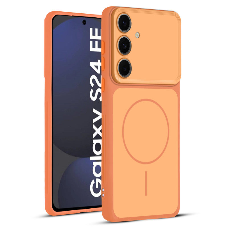Full protective dual tone Orange silicone case for Samsung S24 FE 5G showing front and back design coverage