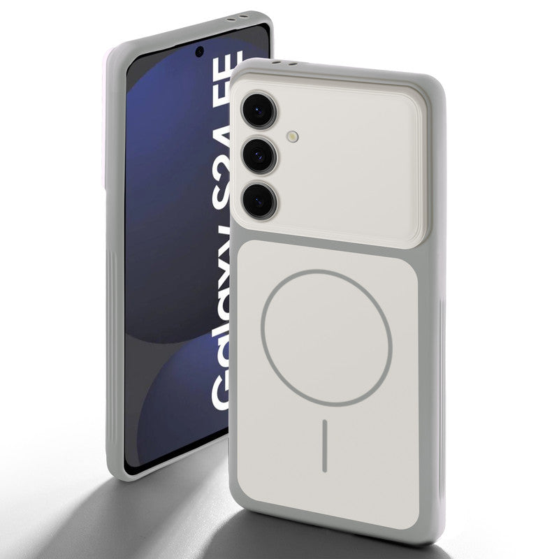 Dual tone silicone White back cover for Samsung S24 FE 5G showing camera protection and design