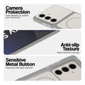 White Phone case for Samsung S24 FE 5G highlighting raised camera protection, anti-slip texture, and responsive side buttons