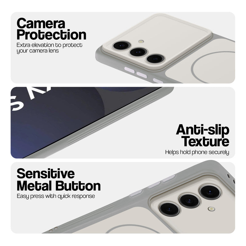 White Phone case for Samsung S24 FE 5G highlighting raised camera protection, anti-slip texture, and responsive side buttons