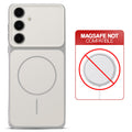 Dual tone silicone White phone cover for Samsung S24 FE 5G showing wireless charging not supported notice