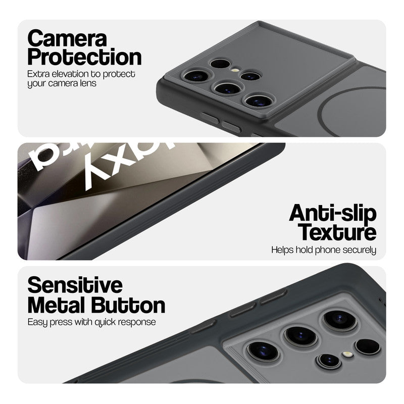 Black Phone case for Samsung S24 Ultra 5G highlighting raised camera protection, anti-slip texture, and responsive side buttons