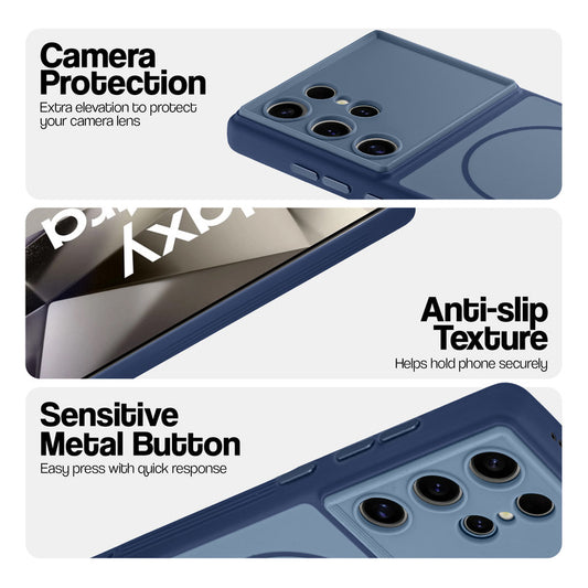 Blue Phone case for Samsung S24 Ultra 5G highlighting raised camera protection, anti-slip texture, and responsive side buttons