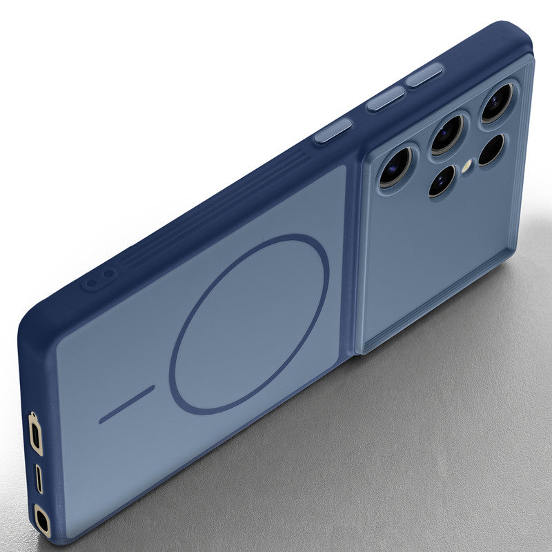 Slim silicone Blue phone case for Samsung S24 Ultra 5G side angle view showing grip texture and precise cutouts