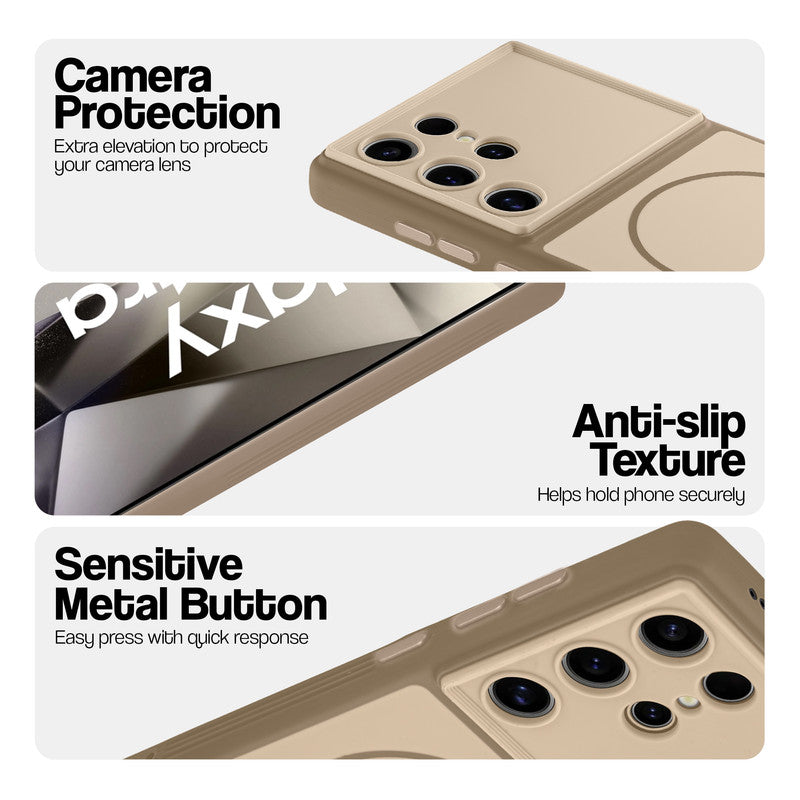 Brown Phone case for Samsung S24 Ultra 5G highlighting raised camera protection, anti-slip texture, and responsive side buttons