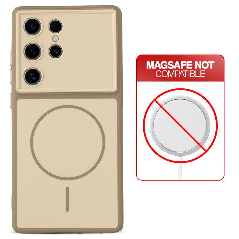 Dual tone silicone Brown phone cover for Samsung S24 Ultra 5G showing wireless charging not supported notice