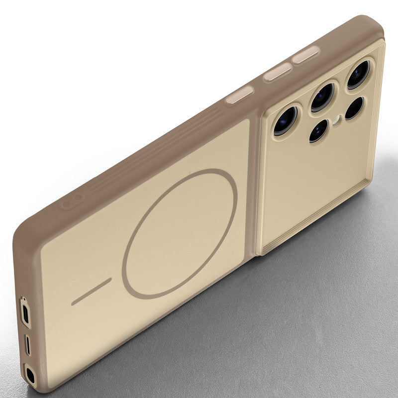 Slim silicone Brown phone case for Samsung S24 Ultra 5G side angle view showing grip texture and precise cutouts