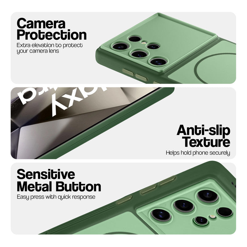 Green Phone case for Samsung S24 Ultra 5G highlighting raised camera protection, anti-slip texture, and responsive side buttons