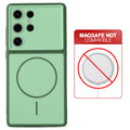 Dual tone silicone Green phone cover for Samsung S24 Ultra 5G showing wireless charging not supported notice