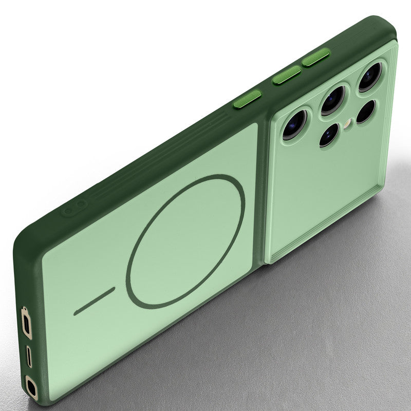 Slim silicone Green phone case for Samsung S24 Ultra 5G side angle view showing grip texture and precise cutouts