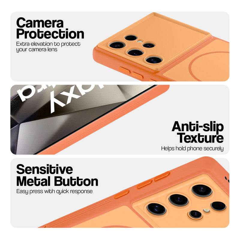 Orange Phone case for Samsung S24 Ultra 5G highlighting raised camera protection, anti-slip texture, and responsive side buttons
