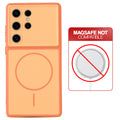 Dual tone silicone Orange phone cover for Samsung S24 Ultra 5G showing wireless charging not supported notice