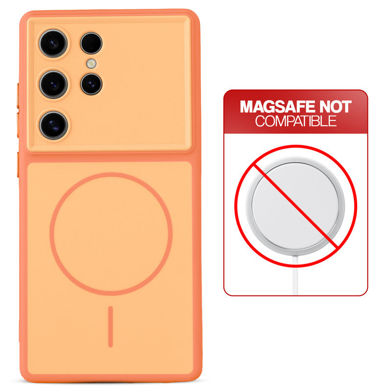 Dual tone silicone Orange phone cover for Samsung S24 Ultra 5G showing wireless charging not supported notice