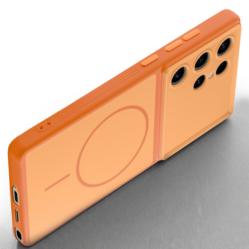 Slim silicone Orange phone case for Samsung S24 Ultra 5G side angle view showing grip texture and precise cutouts