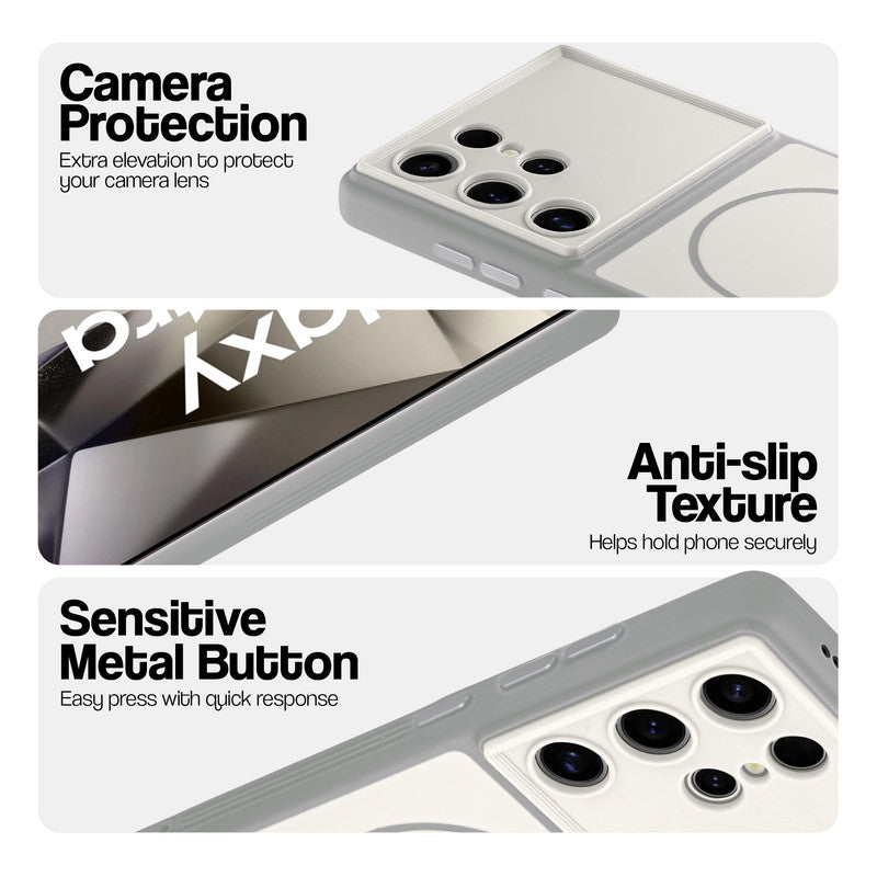 White Phone case for Samsung S24 Ultra 5G highlighting raised camera protection, anti-slip texture, and responsive side buttons