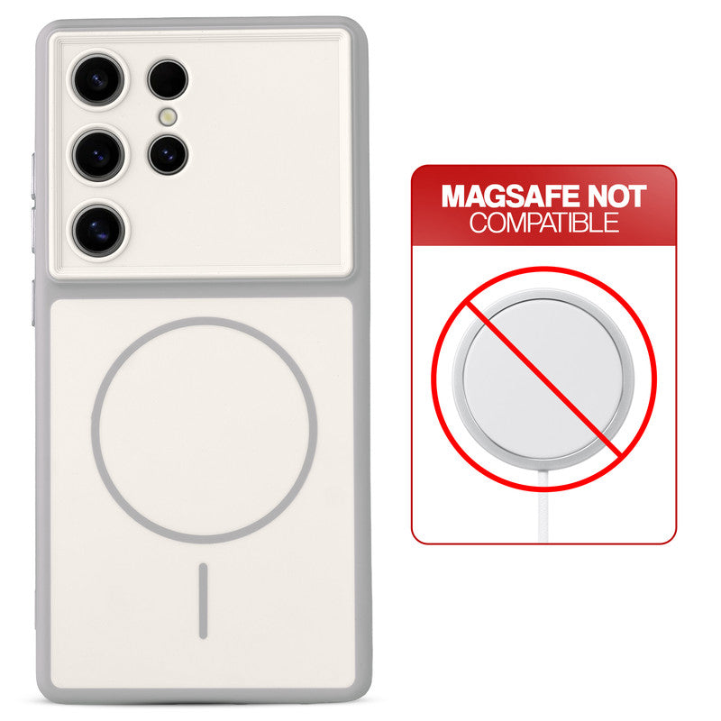 Dual tone silicone White phone cover for Samsung S24 Ultra 5G showing wireless charging not supported notice