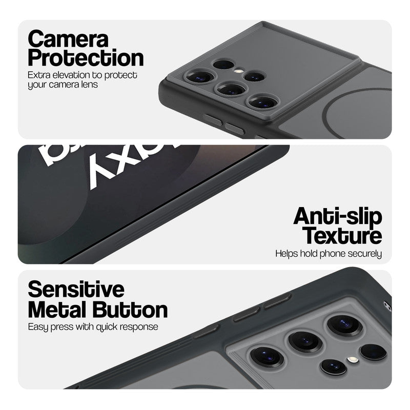 Black Phone case for Samsung S25 Ultra 5G highlighting raised camera protection, anti-slip texture, and responsive side buttons