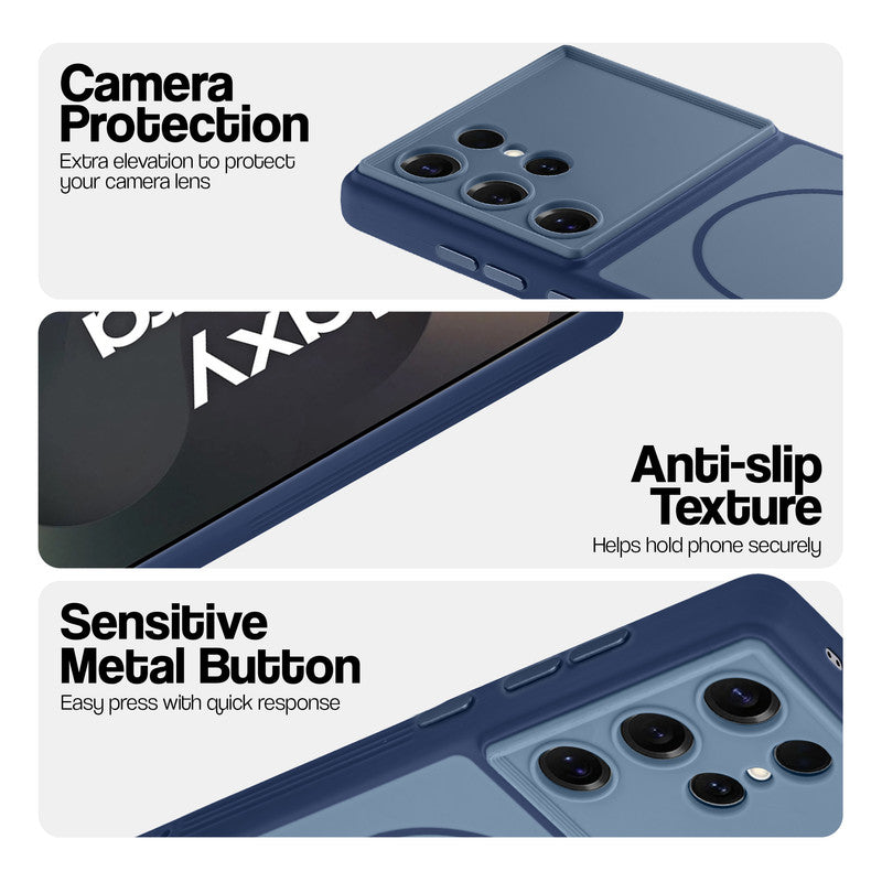 Blue Phone case for Samsung S25 Ultra 5G highlighting raised camera protection, anti-slip texture, and responsive side buttons