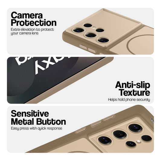 Brown Phone case for Samsung S25 Ultra 5G highlighting raised camera protection, anti-slip texture, and responsive side buttons