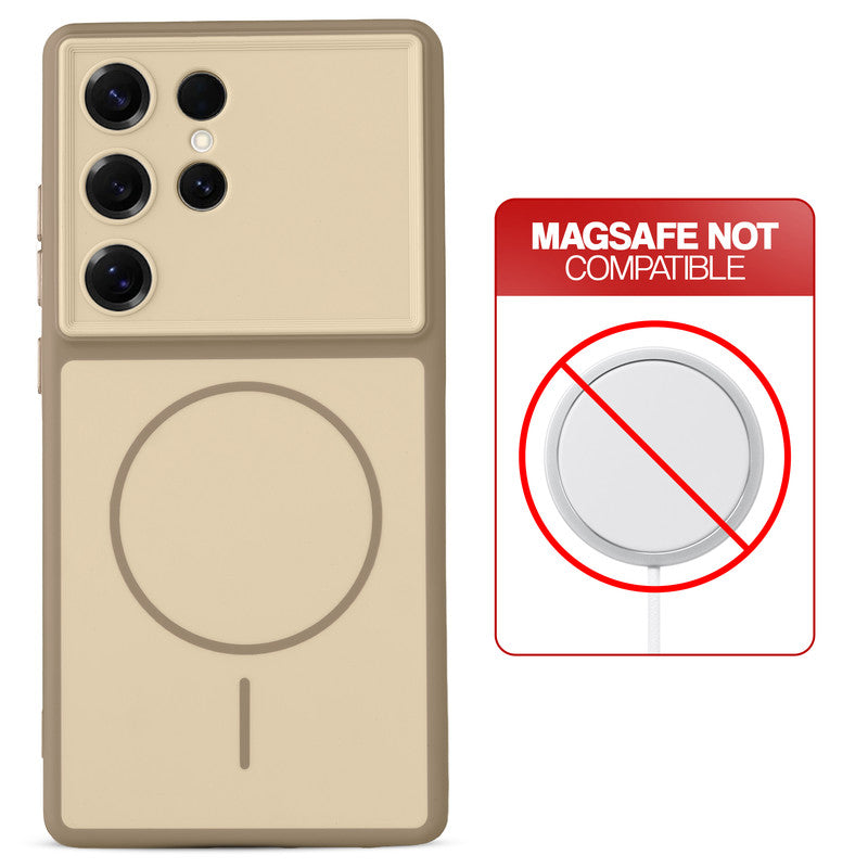 Dual tone silicone Brown phone cover for Samsung S25 Ultra 5G showing wireless charging not supported notice
