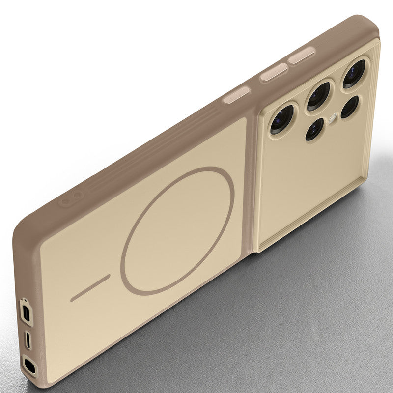 Slim silicone Brown phone case for Samsung S25 Ultra 5G side angle view showing grip texture and precise cutouts