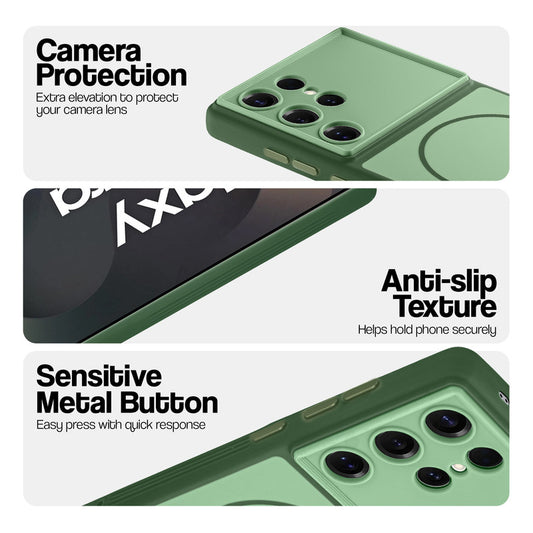 Green Phone case for Samsung S25 Ultra 5G highlighting raised camera protection, anti-slip texture, and responsive side buttons