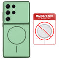 Dual tone silicone Green phone cover for Samsung S25 Ultra 5G showing wireless charging not supported notice