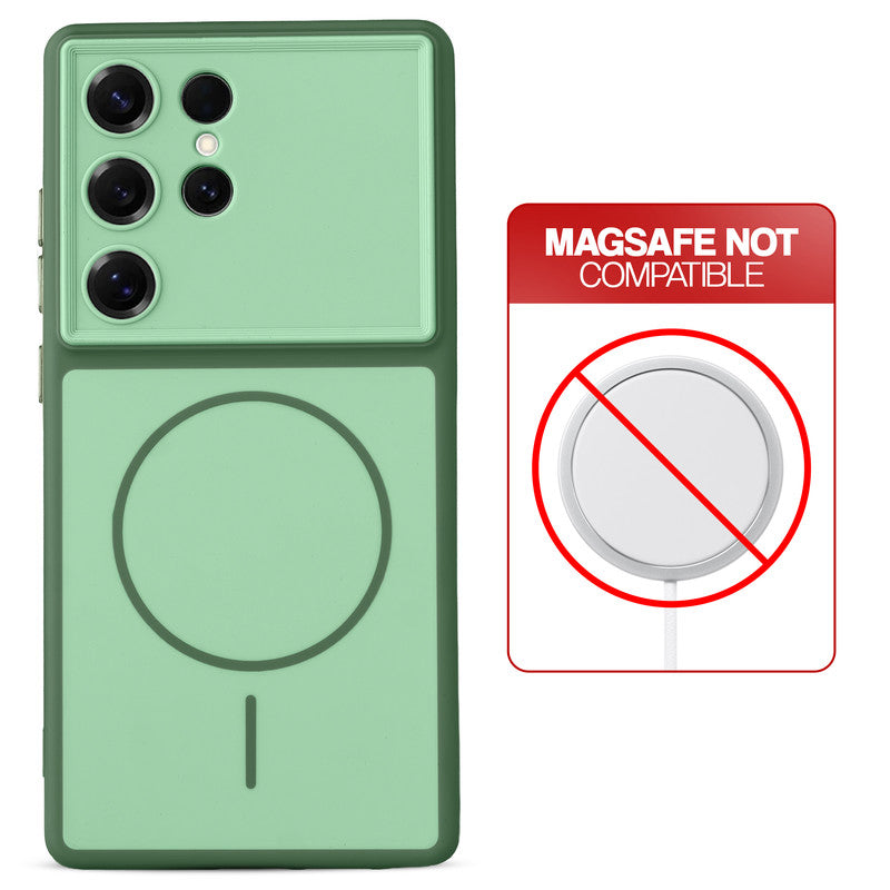 Dual tone silicone Green phone cover for Samsung S25 Ultra 5G showing wireless charging not supported notice