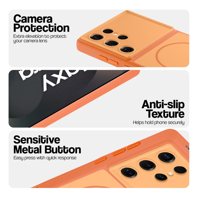 Orange Phone case for Samsung S25 Ultra 5G highlighting raised camera protection, anti-slip texture, and responsive side buttons