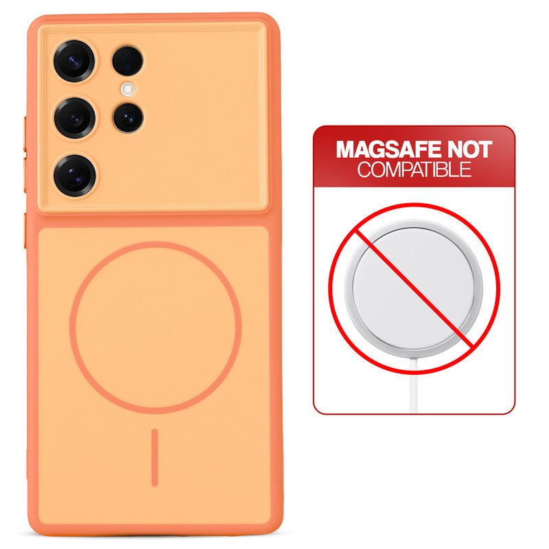 Dual tone silicone Orange phone cover for Samsung S25 Ultra 5G showing wireless charging not supported notice