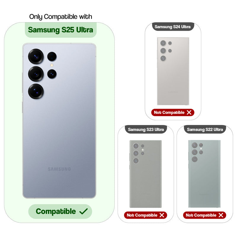 Compatibility comparison image showing Samsung S25 Ultra 5G supported, while other models are not compatible.