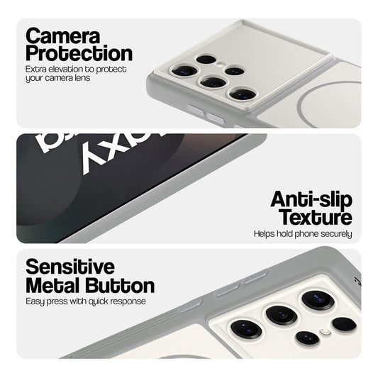 White Phone case for Samsung S25 Ultra 5G highlighting raised camera protection, anti-slip texture, and responsive side buttons