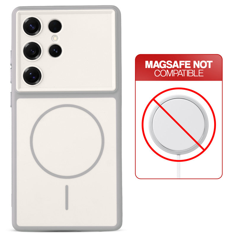 Dual tone silicone White phone cover for Samsung S25 Ultra 5G showing wireless charging not supported notice
