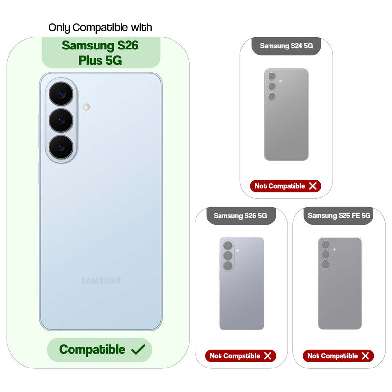 Clear hard back case compatibility guide showing fit for Samsung S26 Plus 5G and not compatible with other models