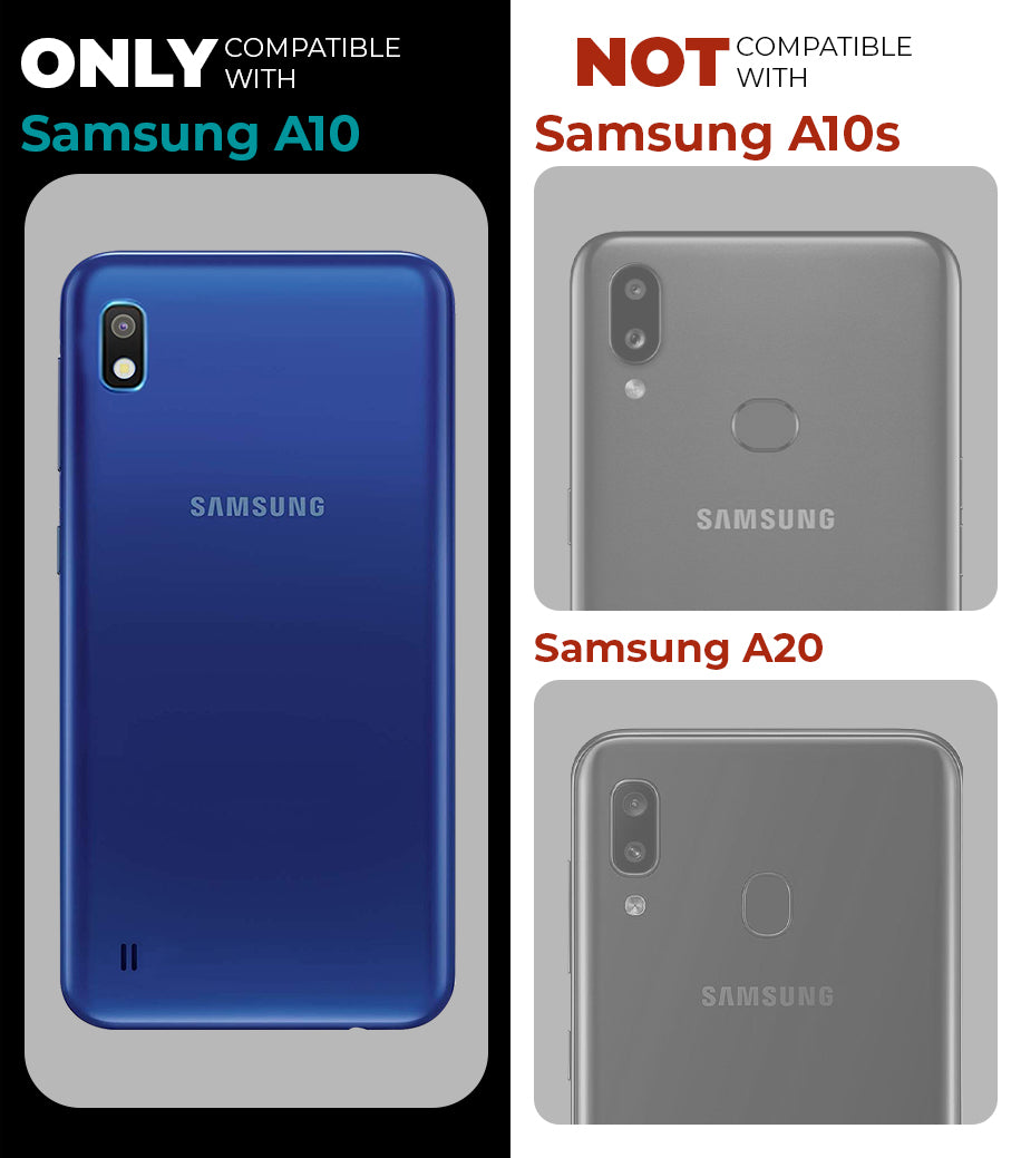 Clear hard back case compatibility guide showing fit for Samsung A10 and not compatible with other models