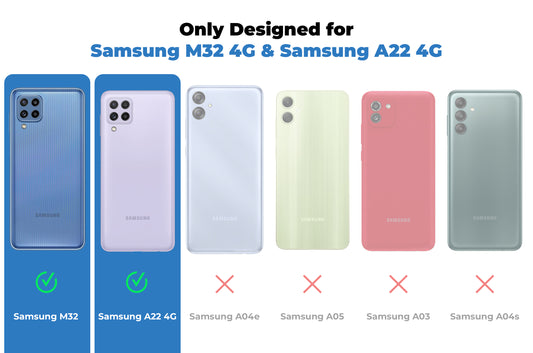 Clear hard back case compatibility guide showing fit for Samsung A22 4G and not compatible with other models