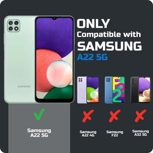 Clear hard back case compatibility guide showing fit for Samsung A22 5G and not compatible with other models