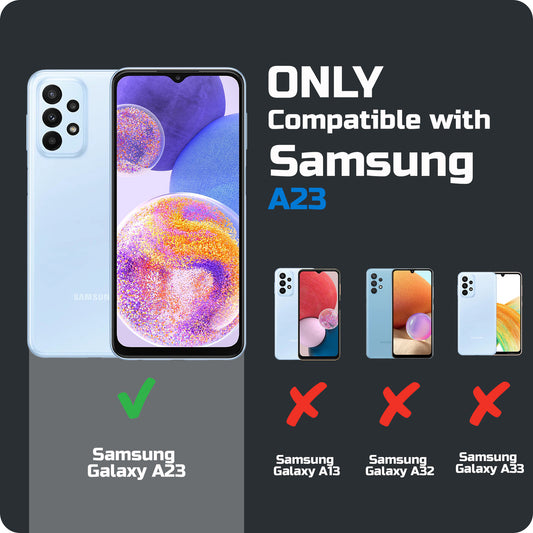 Clear hard back case compatibility guide showing fit for Samsung A23 4G and not compatible with other models