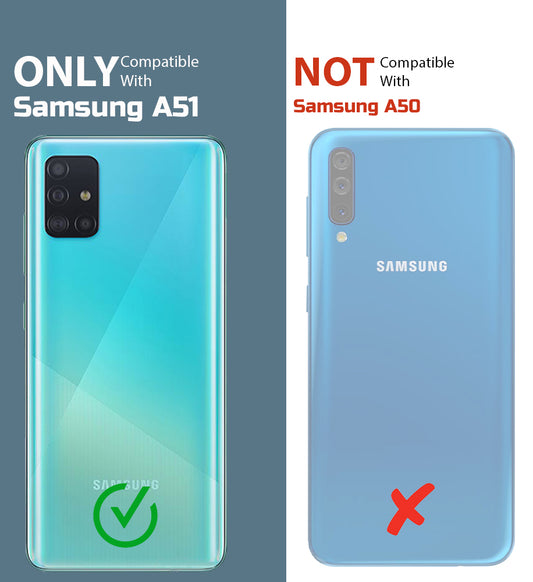 Clear hard back case compatibility guide showing fit for Samsung A51 and not compatible with other models