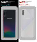 Clear hard back case compatibility guide showing fit for Samsung A70 and not compatible with other models
