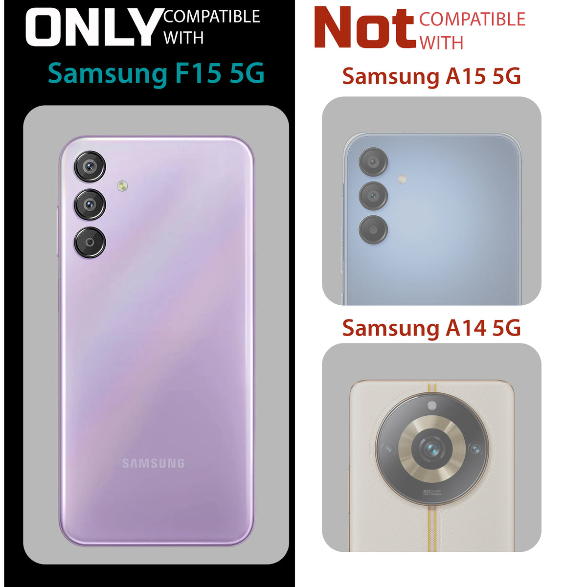 Clear hard back case compatibility guide showing fit for Samsung F15 5G and not compatible with other models