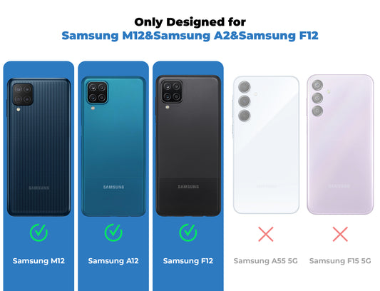 Clear hard back case compatibility guide showing fit for Samsung M12 and not compatible with other models