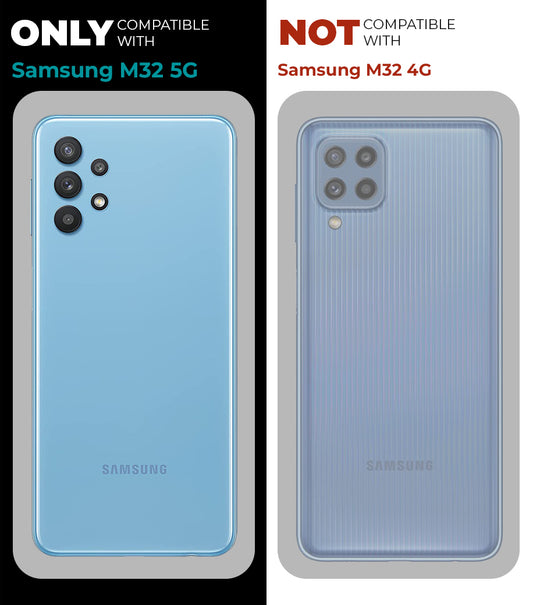 Clear hard back case compatibility guide showing fit for Samsung M32 5G and not compatible with other models