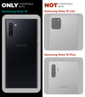 Clear hard back case compatibility guide showing fit for Samsung Note 10 and not compatible with other models