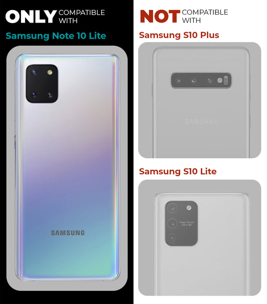 Clear hard back case compatibility guide showing fit for Samsung Note 10 Lite and not compatible with other models