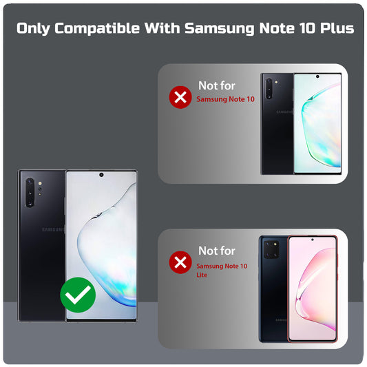 Clear hard back case compatibility guide showing fit for Samsung Note 10 Plus and not compatible with other models