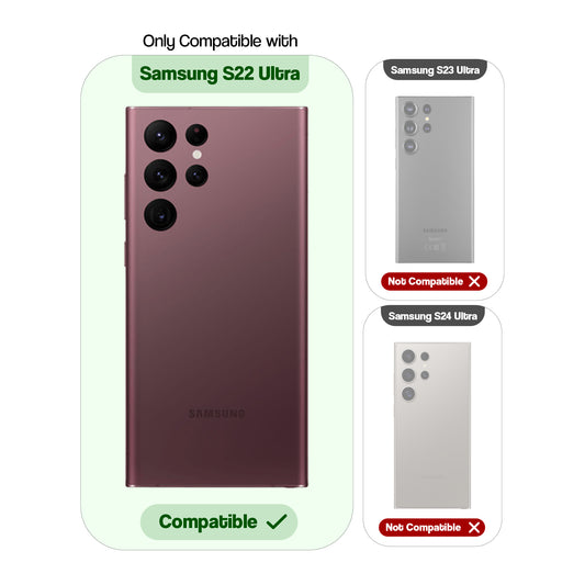 Clear hard back case compatibility guide showing fit for Samsung S22 Ultra 5G and not compatible with other models
